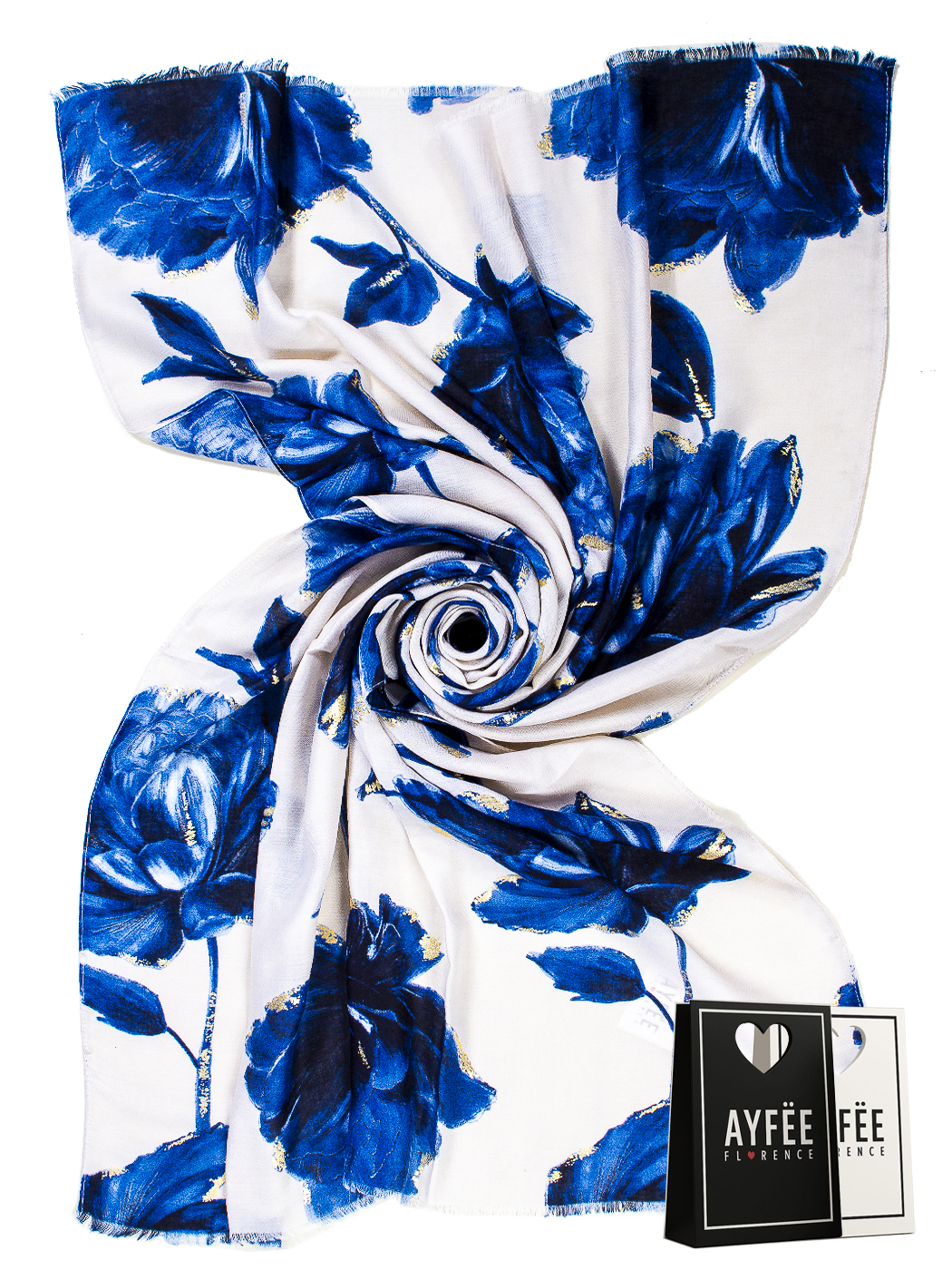STOLA STAMPA LUXURY FLOWER CON GLITTER CM 90*180, 100% VISCOSE, MADE IN PRC        - BLUE